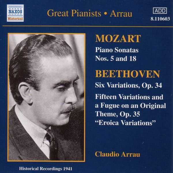Great Pianists: Arrau: Mozart - Piano Sonatas no.5 & no.18; Beethoven - Variations (FLAC)