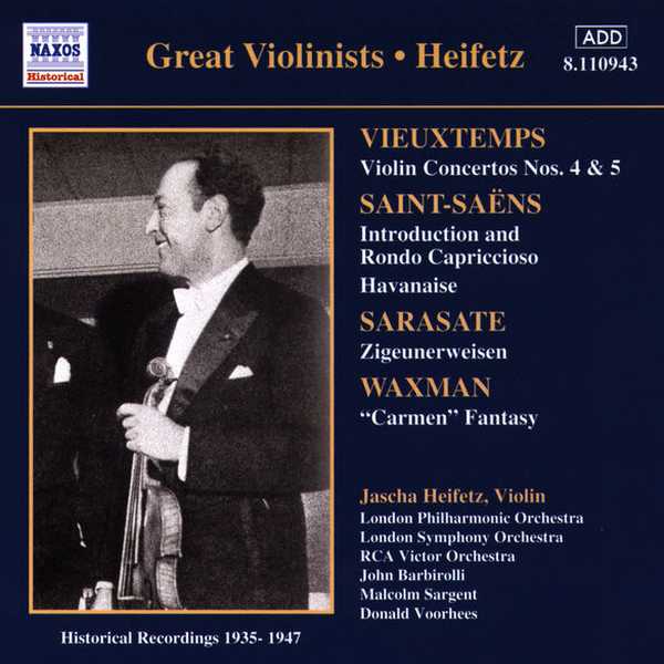Great Violinists: Heifetz: Vieuxtemps - Violin Concertos; Saint-Saëns - Introduction & Rondo Capriccioso, Havanaise; Sarasate - Zigeunerweisen; Waxman - Carmen Fantasy (FLAC)