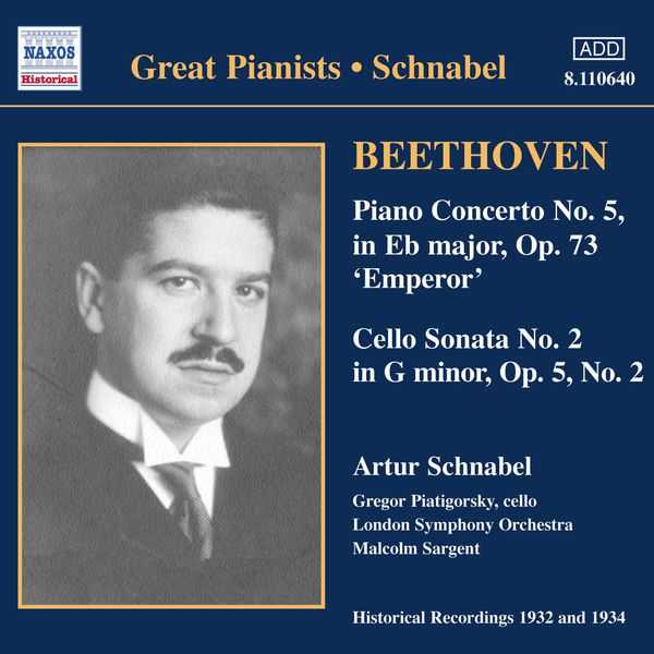 Great Pianists: Schnabel: Beethoven - Piano Concerto no.5, Cello Sonata no. 2 (FLAC)